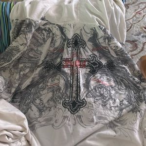 Sinful sweater with hood and cross on back